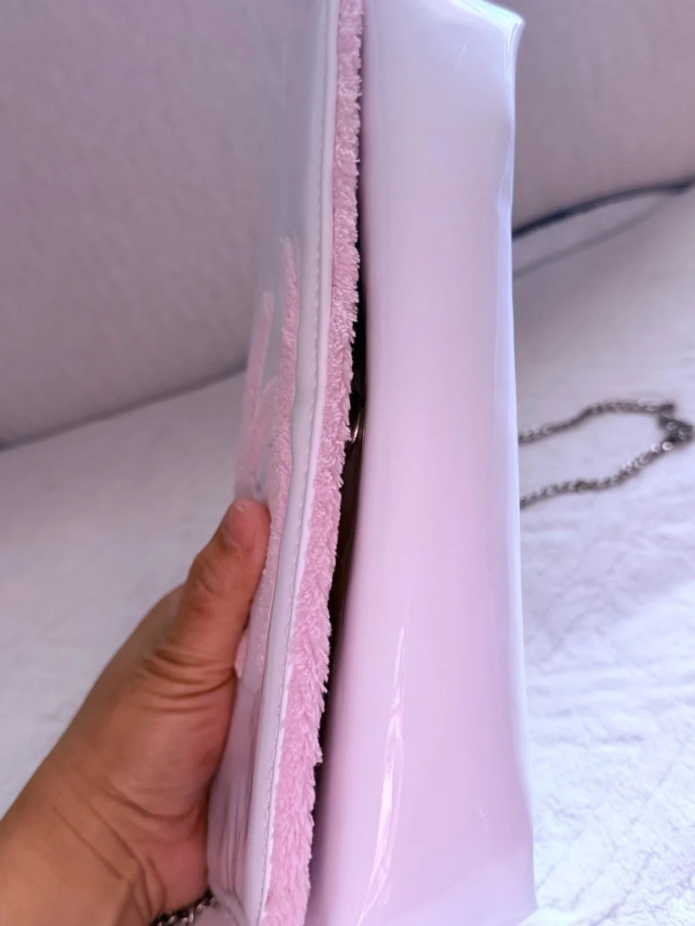 CHANEL Pink & White Patent CC Wallet with Silver Chain